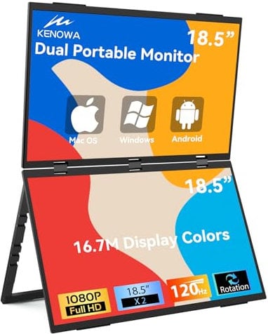 Kenowa Dual Portable Monitor 18,5 Zoll Faltbarer Dual Screen 120Hz 100% sRGB,IPS Erweiterung Bildschirm,Foldable Monitor mit Mini HDMI/USB-C/Lautsprecher für Laptop/PC/Telefon/Mac/PS4/Switch