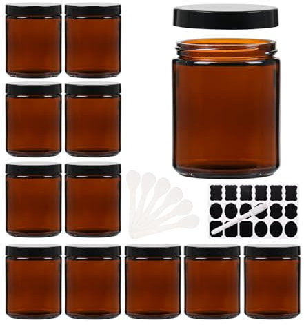 YBCPACK 12 Stück braune Glastiegel 250ml, Braunglas Tiegel mit Deckel, leere Cremedosen zum Befüllen, Salbentiegel für Cremes, Lotionen, Kosmetik und Ätherische Öle