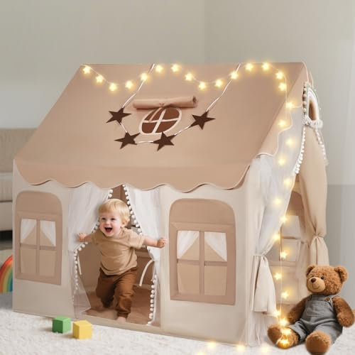 snookids Kinderzelt Indoor - Spielhaus Kinder Indoor mit Matte, Lichtern, Regenbogenanhänger und Sternenflagge, Spielzelt Kinder Tipi Zelt Kinderzimmer Dekor für Jungen Mädchen