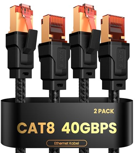 Cable Ethernet Cat 8, Cable de Red 1M 2M 3M 5M 10M 15M 20M, RJ45 Cable Lan | 40Gbps 2000Mhz Alta Velocidad, Gigabit Trenzado de Nylon Cable Internet para Router,Modenm,PC,PS4/5,Servidor (2Piezas 0.5M)
