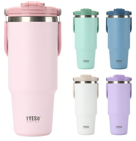 TYESO Tumbler with Flip Straw & Sip Lid, Vacuum Insulated Water Bottle, Double Wall Stainless Steel Coffee Cup Travel Mug Leak Proof (PINK, 40 OZ)