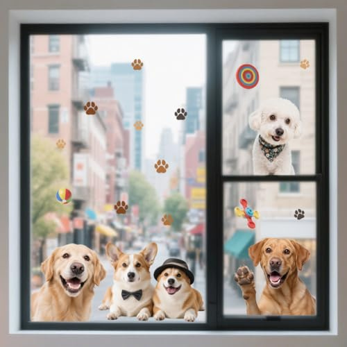 ANATTASOUL Hund und Pfotenabdrücke Fensterbilder for Frühling Sommer | Doppelseitig Blickdichter Badezimmer Fensterbilder Kinderzimmer Wiederverwendbare Fensterbilder Frühling for Winter Herbst