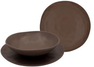 Omniacasa Organic Tortora – Servizio Piatti 18 Pezzi in Stoneware, 6 Persone: 6 Piani 25 cm, 6 Fondi 20 cm, 6 Frutta 20 cm – Finitura Opaca Artigianale – Moderno Nordico – Lavastoviglie e Microonde.