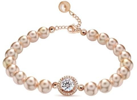 FEIKFEIZ Moissanit-Perlenarmband, 2 CT laborgezüchteter Moissanit, 18K-Roségold-vergoldet, faltbare Süßwasserperlenarmband für Damen, perfektes Damen-Geschenk