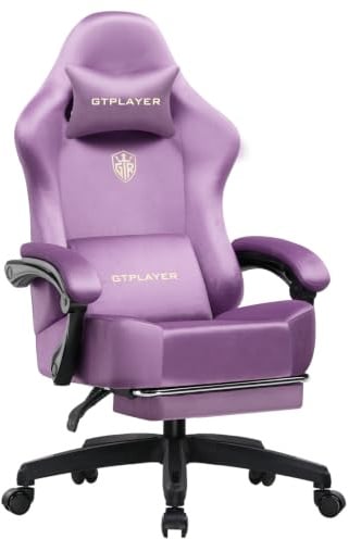 GTPLAYER Fabric Gaming Chair, Ergonomic Computer Chair with Footrest and Lumbar Support Height Adjustable Home Office with 360°-Swivel Seat and Headrest Light Purple