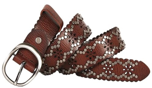 OBASDFD Damen-Gürtel Aus Echtem Leder In Übergröße Mit Hohler Blume, 3,8 Cm Breiter Gürtel Nieten Und Massiver Dornschließe For Jeanshosen, Braun