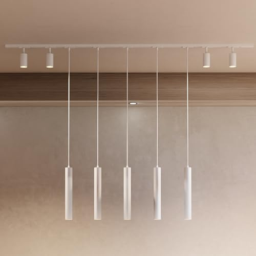MATO LED Schienensystem Lampen Weiß Komplettset - Gerade 2m Schiene + 4x GU10 Spots + 5x Pendelleuchten - Lichtschienensystem Decke, Stromschiene 1 Phase 230V, Lampenschienen System