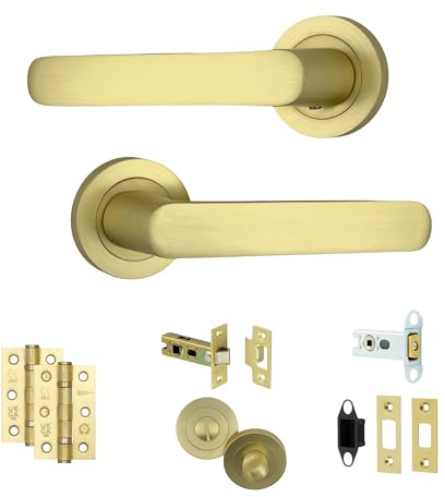 AXS Harlem Door Handle Pair on Rose – Internal Lever Handles with Sleek Bar Design – Latch & Bathroom Door Pack Options – Matt Black, Satin Brass, Antique Brass (Satin Brass, Bathroom Door Pack)