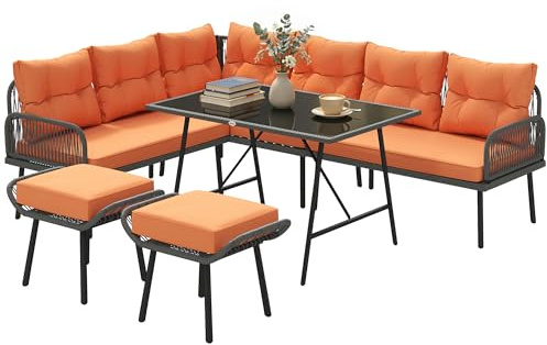 Outsunny 6 Piece Rattan Garden Furniture Set, 8 Seater Garden Corner Sofa with Cushions and Glass Top Table, Sectional Outdoor Furniture Conservatory Set for Patio, Orange