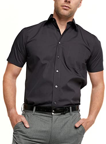 Double TWO Men's Short Sleeve Dress Shirt Easy Care Classic Fit Formal Plain Business Shirt - Black, 19in Collar