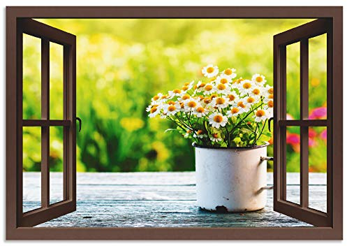 ARTland Wanddeko Wandbild Alu Verbundplatte für Innen & Outdoor Bild Fensterblick Fenster Botanik Blumen Gänseblümchen Garten Frühling T4UF