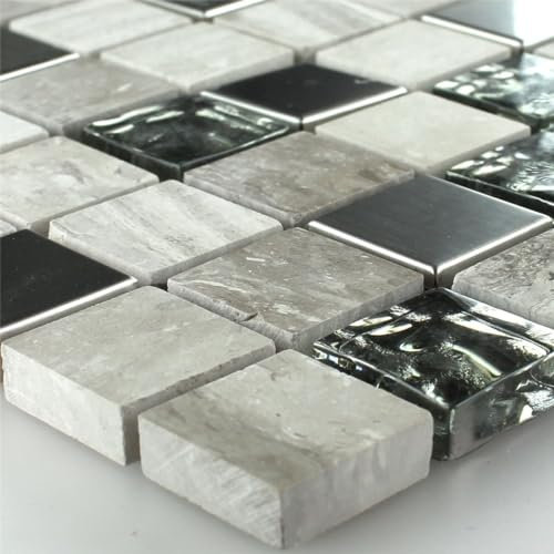 Sandstein Edelstahl Glas Mosaik Fliesen Grau Silber