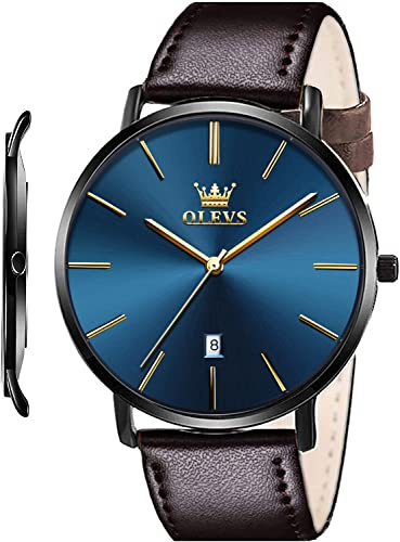 OLEVS Montre-bracelet ultra fine pour homme - 6,5 mm - Minimaliste - Étanche - Date et bracelet en cuir
