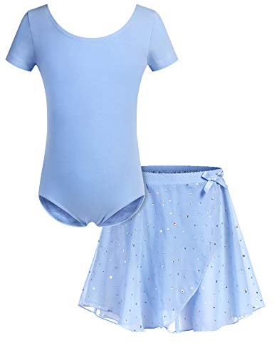 Bricnat Mädchen Ballettkleidung Ballettkleid Tanzbody Tanzrock Balletttrikot Kurzarm Tanzkleid mit Tütü Kinder Baumwolle Blau 140