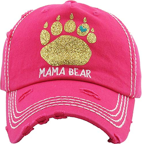 MIRMARU Damen Baseball Cap Distressed Vintage Unconstructed Washed Cotton Embroidered Adjustable Hat, Mama Bear Gold Paw - Hot Pink, Einheitsgröße