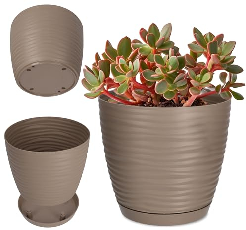 KADAX Pot de Fleurs en Plastique avec Soucoupe, Cache-Pot Moderne Ornée d'un Élégant Motif Ondulé pour Une Décoration Florale (Ronde, Beige, 17 cm)