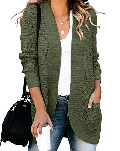 Saodimallsu Damen Oversized Strickjacke Open Front Langarm Lässige Leichte Weiche Cardigan Mantel Mit Taschen (X-Large, Army Green)