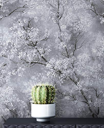 NEWROOM Tapete Grau Vliestapete Leicht Glänzend - Blumentapete Floral Weiß Schwarz Baum Blätter Mustertapete Modern Natur inkl. Tapezier-Ratgeber