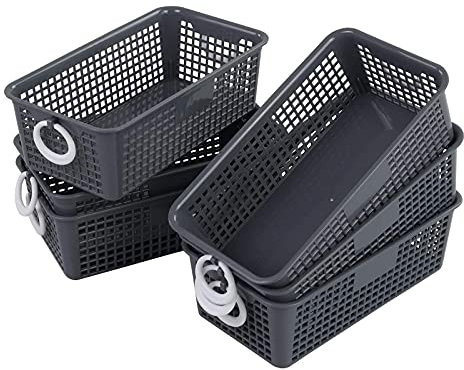 Callyne 6-Pack Small Plastic Baskets Organizer, Desktop Storage Basket Tray with Handle, Gray
