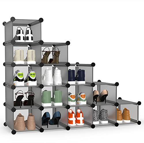 HOMIDEC Shoe Rack, DIY Wardrobe 16 Cube Light Closet Organizer, Storage Bookshelves Bookcase, Interlocking Shelving Unit, Home Solutions Unit for Clothes Books Toys-Grey
