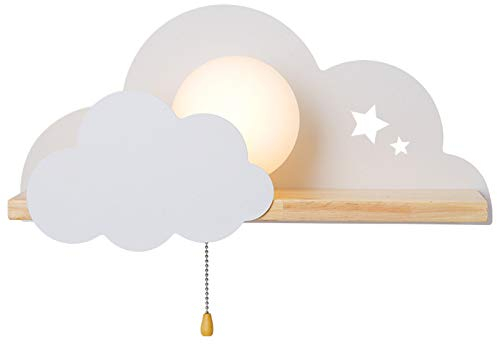FREEDL Wandleuchte Wolke Kinderzimmer mit Zugschalter, Kinder Wandlampe Holz mit Runder Glaslampenschirm, Wandlicht Babyzimmer Wolke Deko Wandleuchte Innen Modern, Flur wandlampe E27 Fassung,Weiß