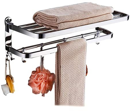 Luchs – Handtuchhalter aus Edelstahl für Ihr Badezimmer, 90 ° Klappbar, Wandhalterung, Handtuchregal, Regal mit Ablage, Badetuchhalter inklusive Haken für Ihr Bad (60)