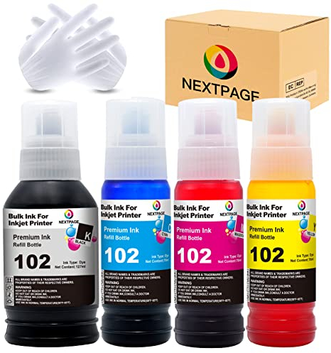Nextpage 102 Tinte kompatibel für Epson 102 EcoTank Tintenflasche für Epson EcoTank ET-2700 ET-2750 ET-2751 ET-2756 ET-3700 ET-3750 ET-4750 ET-15000, Multipack (Schwarz, Cyan, Magenta, Gelb.)