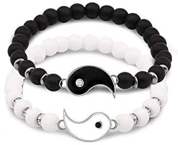 Yifnny Yin Yang Armband, 2 Stück Passendes Yin Yang Freund Paar Armband Verstellbare Steinperlen Stretch Armband Set Bff Freundschaft Bester Freund Armband für Damen und Herren (Silber)