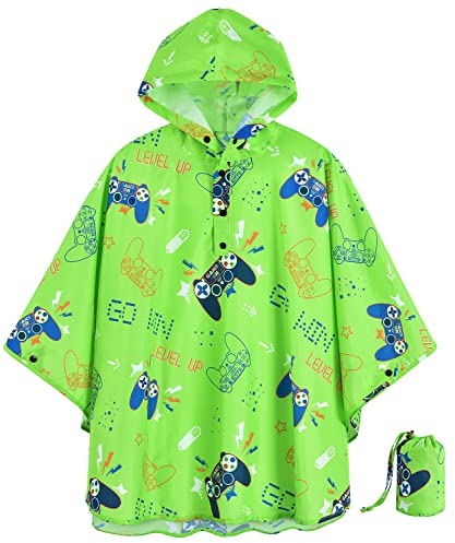 Videospiel Regenjacke Wiederverwendbar Leicht Regenponcho für Kinder Jungen Go Win Level Up Wasserdichter Grüner Regenmantel mit Kapuze und Beuteltasche