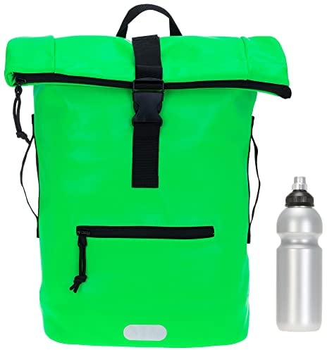 Rucksack Herren Plane Time Bag Kurierrucksack Roll-Top Fahrradrucksack Sport Fitness Damen 23 Liter A4 12821 + Flasche (12825 Neon Viper Green)