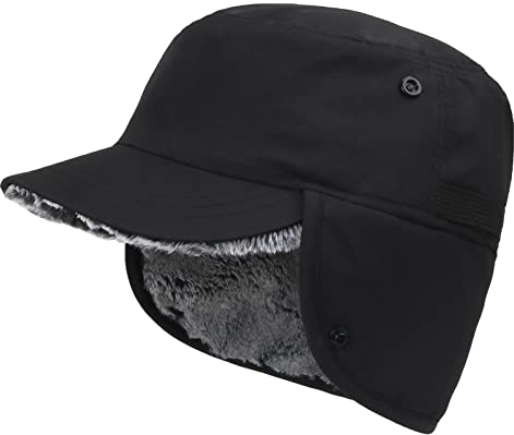 Panegy Fliegermütze Unisex Herren Wintermütze mit Ohrenklappen Winddicht Trapper Hut Warme Gefütterte Mütze A-Schwarz