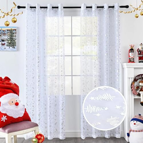 youleyar Durchsichtige Vorhänge mit Weihnachtsbaum-Motiv, luxuriöser Silberfolien-Druck, Voile, durchscheinende Vorhänge, metallische Bronzing-Behandlung, Paar für Urlaub, Fensterdekoration,