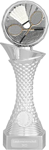 Druckspezialist Federball Badminton Pokal AVORD Trophäe Silber mit Gravur (S - 23 cm)
