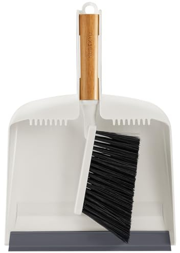 SUBEKYU Dustpan and Brush Set with Bamboo Handle, Hand Small Broom and Dustpan Set for Kitchen/Desktops/Bedroom, White, 1 Set