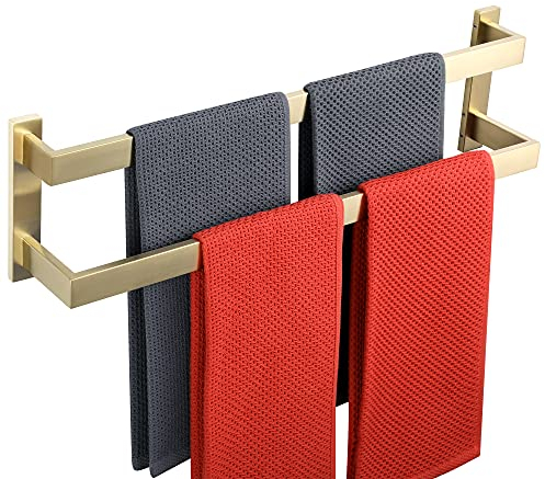 SAYAYO Double Towel Rail Wall Mounted Bathroom Hand Towel Holder for Kitchen, Brushed Gold Towels Rack SUS304 Stainless Steel, 58.5CM Length