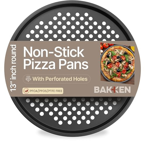Bakken- Swiss Non-Stick Pizza Pan with Holes - 13-Inch Perforated Pizza Crisper Carbon Steel Pizza Pan - 1 Round Pizza Trays with Silicone Handles PFOA PFOS and PTFE Free