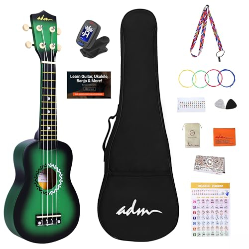 ADM Ukulele Soprano 21 Polllici Ukulele Kit per bambini e principianti Studente con borsa, accordatore, corde arcobaleno, cinturino colorato, plettro, adesivo per tastiera, carta accordi(Verde)