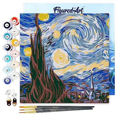 Figured'Art Mini Peinture par Numéro Adulte 20x20cm avec cadre Van Gogh Nuit Etoilée - Petit Format Kit de Loisir Créatif DIY Numéro d'Art Complet
