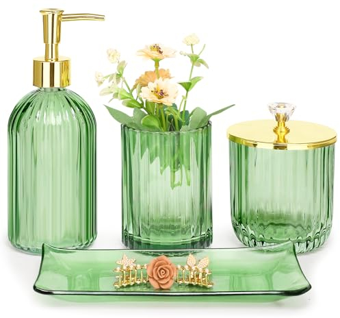 Haturi Bathroom Accessories Set, 4 Pcs Green Glass Bathroom Accessories Sets Complete w/Lotion Soap Dispenser, Toothbrush Holder, Apothecary Jar, Vanity Tray, Bathroom Decor, Gift for Home Apartment