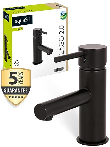 aquaSu® Waschbeckenarmatur schwarz Lago 2.0, Einhebelmischer mit Wasserspar-Kartusche, Kaltwassermittelstellung, Standard-Befestigung, Wasserhahn Bad, Messingkern, 795692