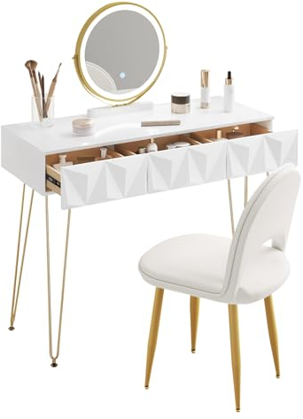 EUGAD Schminktisch mit Spiegel und Hocker, LED Beleuchtung, Samtstuhl, Frisiertisch mit 3 Schubladen, Modern Design, Einfache Montage, Weiß Hochglanz, Goldene Metallbeine, 100 cm Breite, 0054SZT