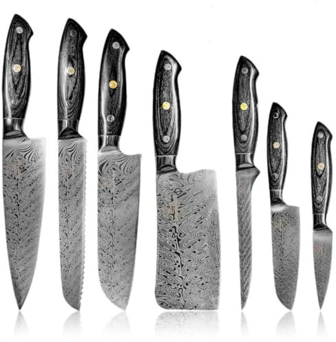 Küchenkompane - Edelstahl Messerset Kumai - 7-teiliges Küchenmesser Set - Kochmesser im Damast Design mit Epoxidharz Griff inkl. Geschenkbox - rostfreie & scharfe Messer - Designed in Germany