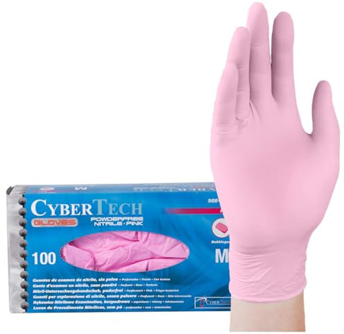 CyberTech – Nitril-Handschuhe mit Kaugummi-Duft (100 Stück), puderfrei, unsteril, pinke Untersuchungshandschuhe, M