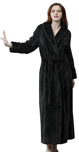 IQYU Accappatoio in peluche da donna, morbido con cappuccio, Xxl – vestaglia da donna, morbido, lungo, invernale, caldo, con cintura, per sauna, in pile, Nero , L