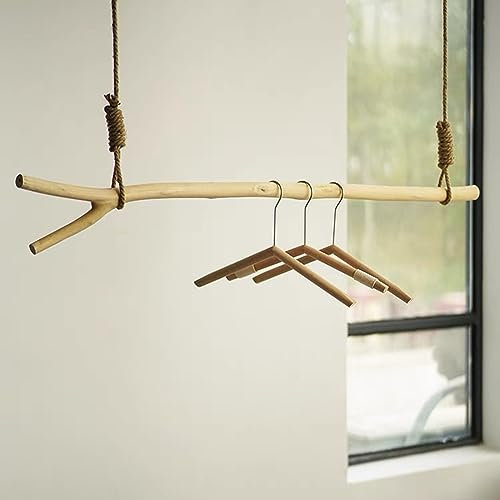 Hängegarderobe Holz, Natur Hochwertiges Baumwoll Seil, Kleiderstange Deckenmontage, Vintage Industrial, Hängend & Höhenverstellbar