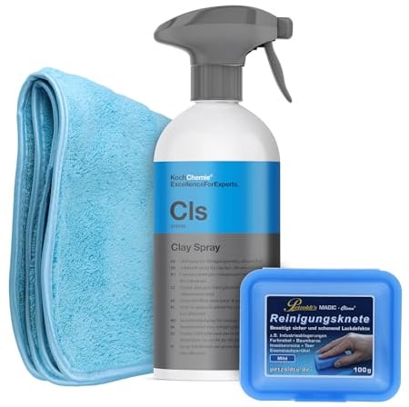 Auto Lackreinigung Set | Petzoldt's Reinigungsknete Blau 100 Gramm + Koch Chemie Clay Spray Gleitmittel 500ml | Lackknete zur Entfernung von Flugrost Harz Teerflecken vom Autolack