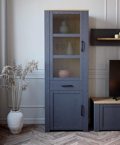 Forte Bohol Vitrine 75, Vitrine mit 2 Türen und 1 Schublade, Wohnzimmervitrine, Vitrinenschrank Modern, Holzwerkstoff, Riviera Eiche/Navy Eiche Holzdekor, 75 cm breit x 205 cm hoch x 42 cm tief