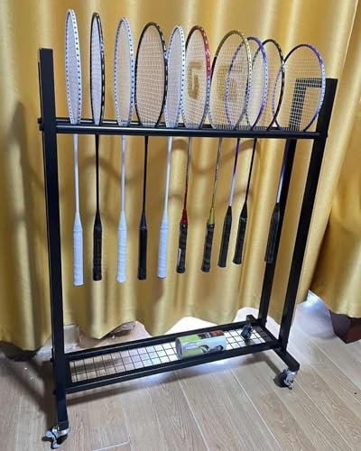 Blazea Soporte Raqueta Tenis Soporte Móvil para Raquetas de Suelo, Carro del Almacenamiento del Equipo Deportivo, Organizador de Garaje de Metal para Varias Raquetas de Tenis y Bádminton.