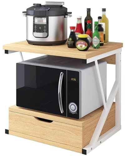QTQHOME 2 Tier Wooden Microwave Oven Rack with Drawer, Rustic Style Countertop Shelf, Storage Shelf for Kitchen, Office, Home