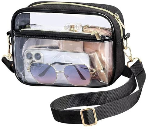 APMGONT Durchsichtige Umhängetasche, PVC Transparente Tasche Damen Crossbody Schultertasche Wasserdichte Sling Bag mit Verstellbarem Gurt für Konzerte Sportveranstaltungen Shopping Reisen (schwarz)